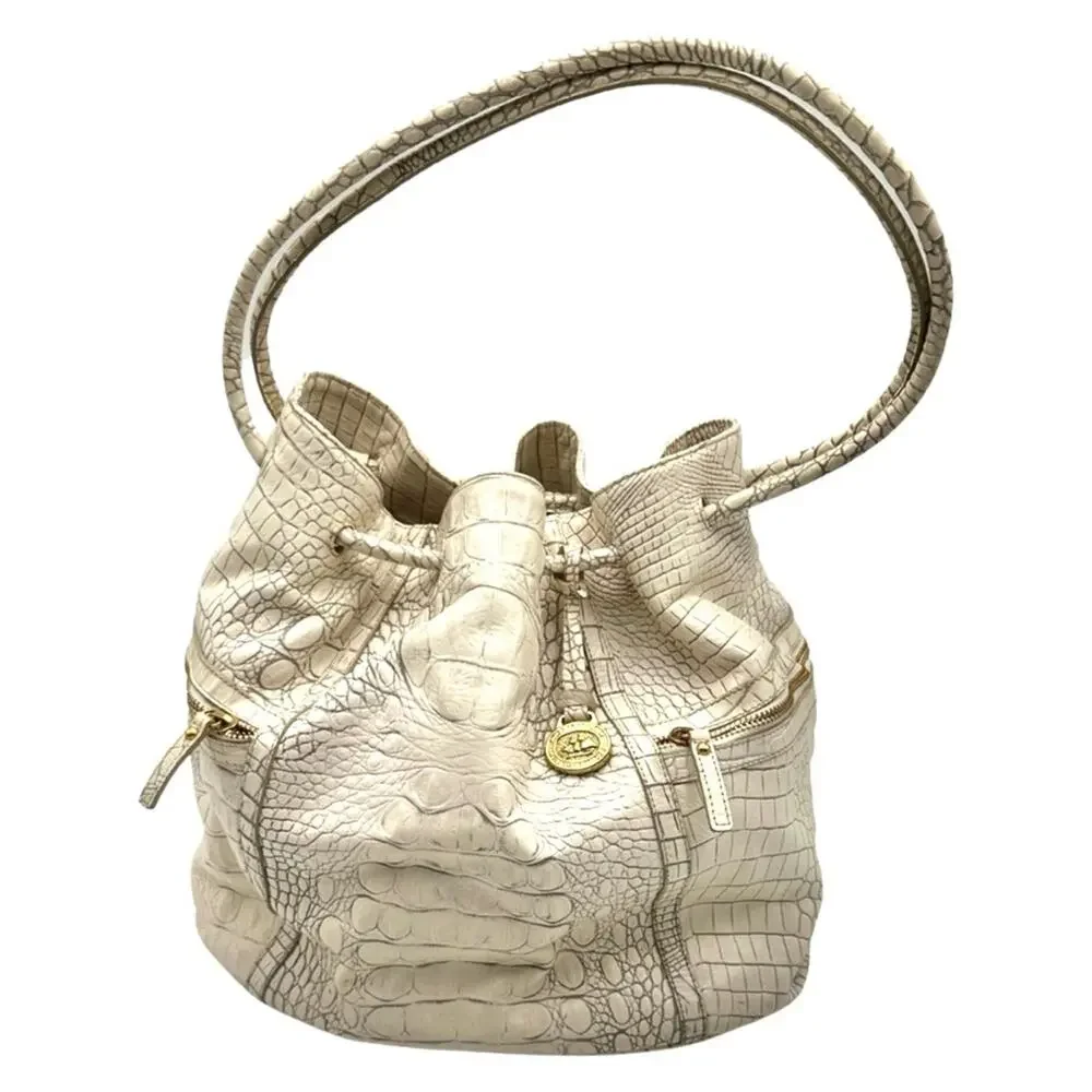 Brahmin Dee Dee Grotto Pearl OffWhite Drawstring Melbourne Croc Embossed Leather - Picture 8 of 16